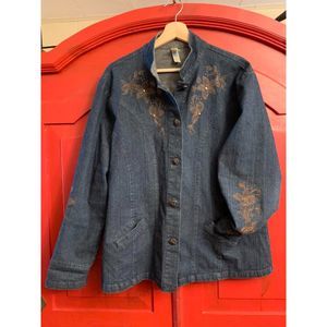 Decorated Originals 2X Denim Jacket Mandarin Collar Embroider Sunflower Buttons